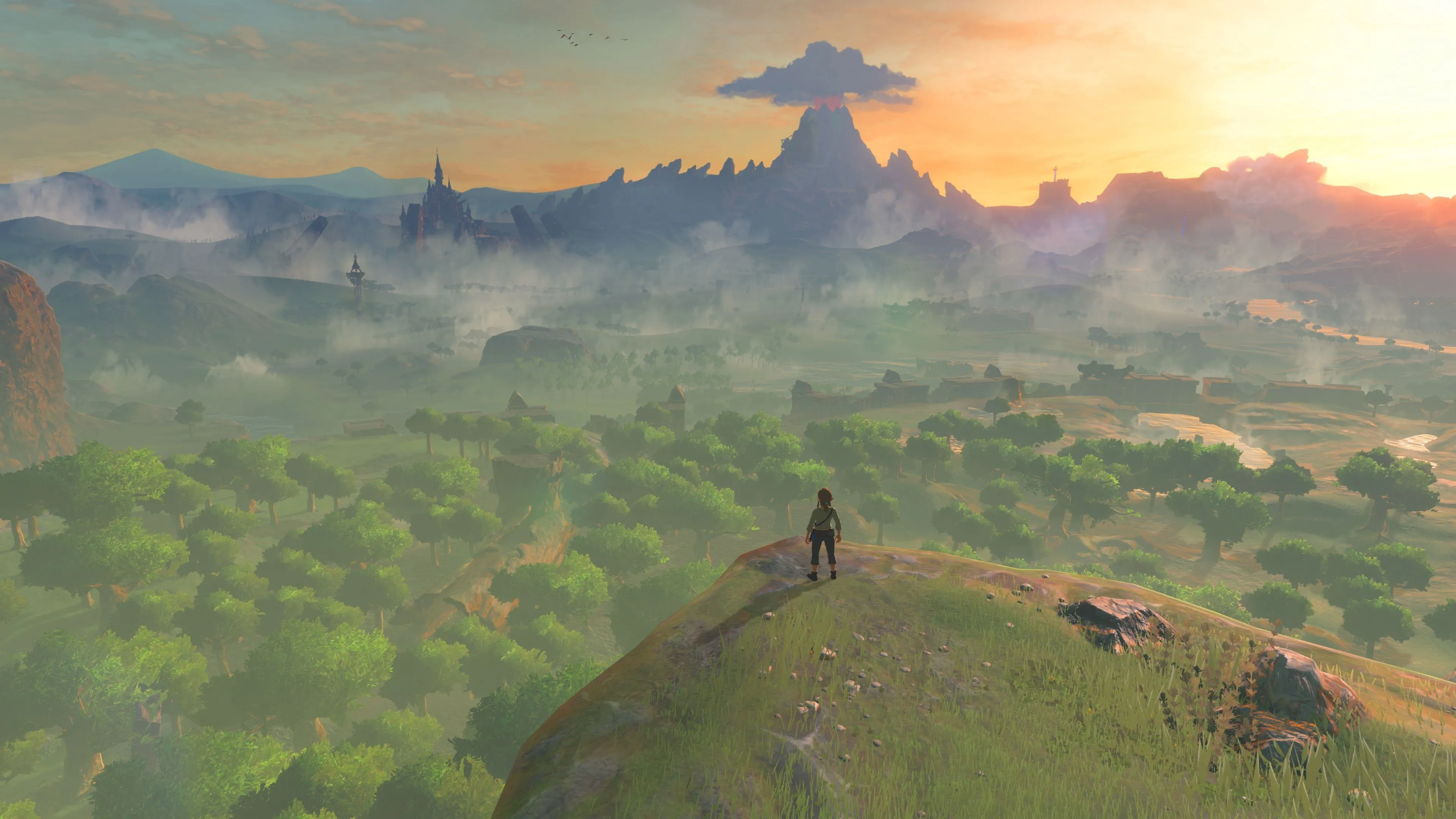 Link chiến đấu với quái vật và một Guardian trong The Legend of Zelda: Breath of the Wild vào ban đêm dưới ánh trăng.