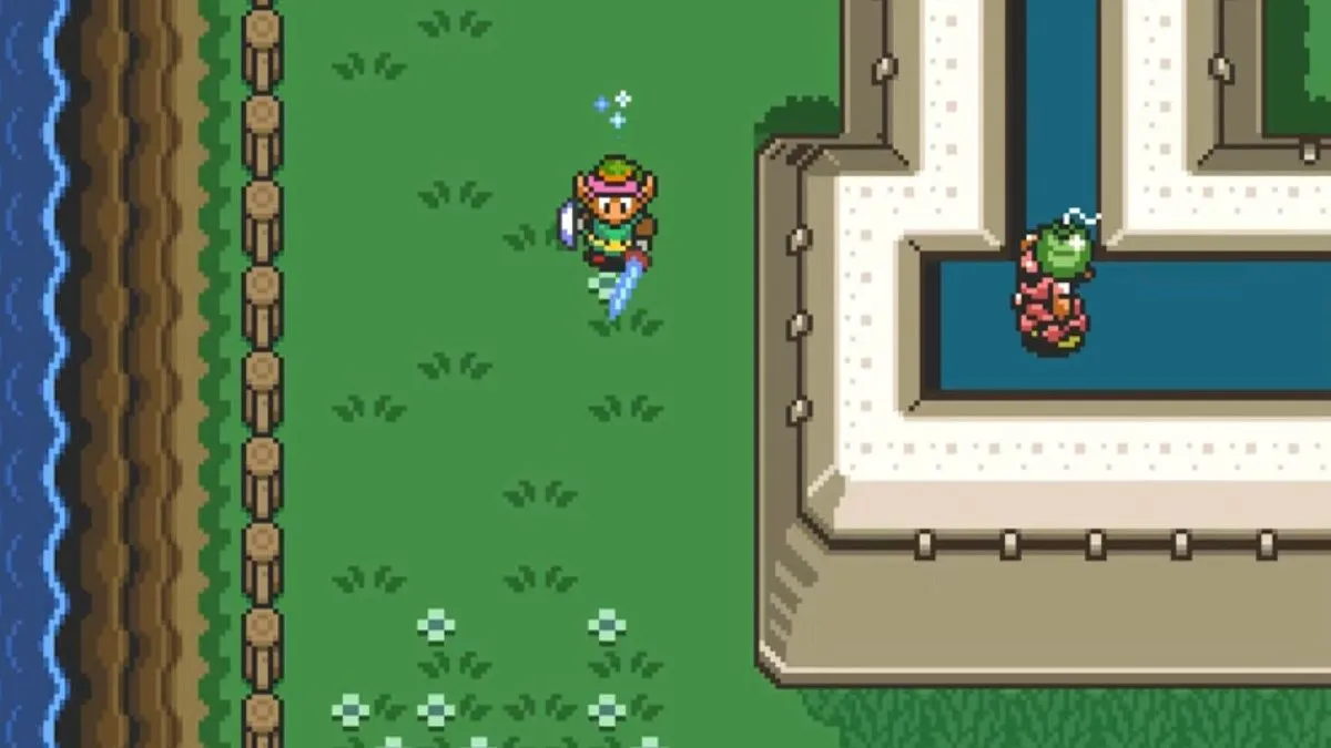 Link thực hiện pha phi nước đại qua vùng đất Hyrule trong The Legend of Zelda: A Link to the Past, game hành động phiêu lưu kinh điển