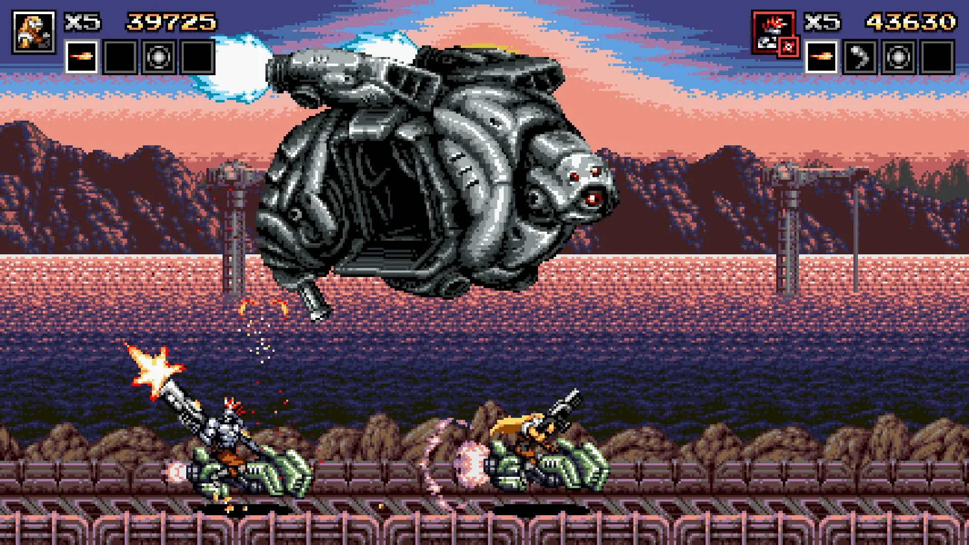 Màn hình gameplay Blazing Chrome với nhân vật robot nữ bắn phá kẻ thù trong bối cảnh cyberpunk đen tối