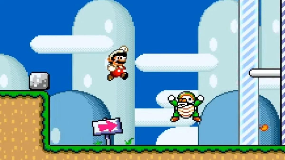 Mario đối đầu với kẻ địch trong một màn chơi đầy màu sắc của Super Mario World SNES, nổi bật với khả năng nhảy xoay và áo choàng