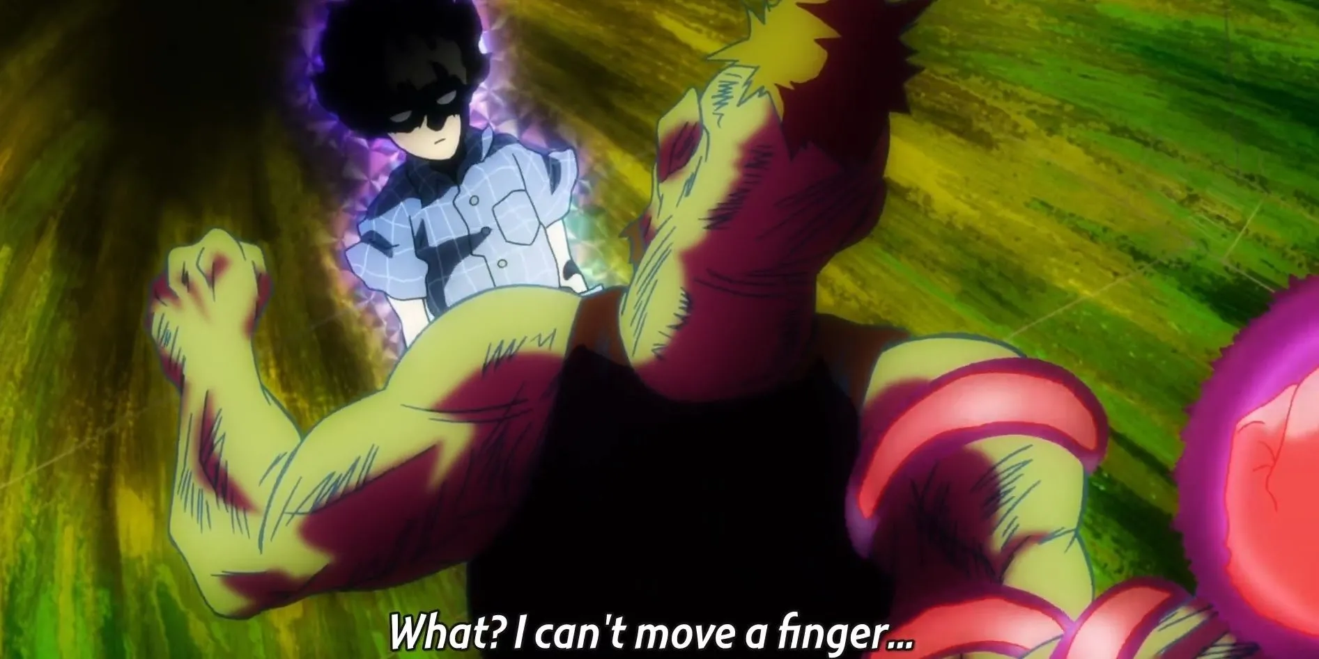 Mob khóc trong vòng tay Reigen sau khi sử dụng toàn bộ sức mạnh để trả thù trong Mob Psycho 100