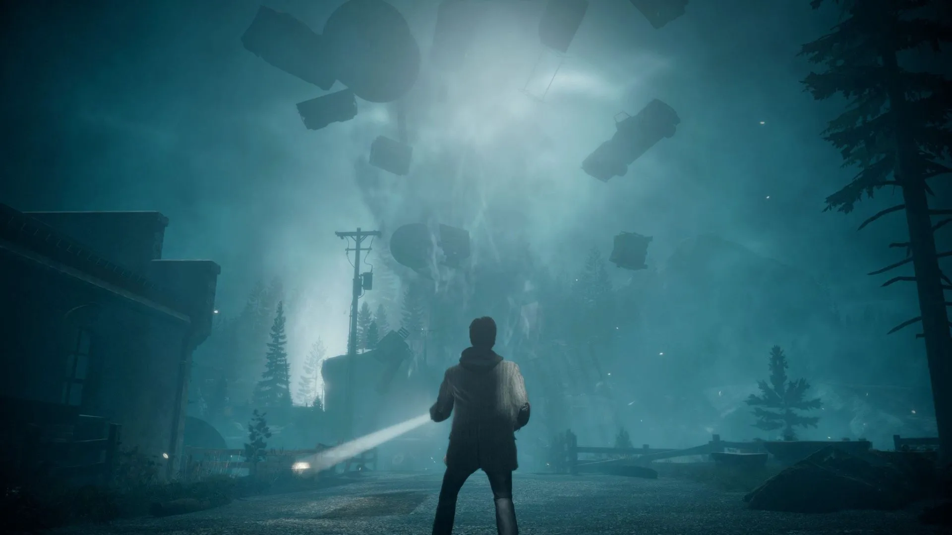 Một cảnh từ Alan Wake, thể hiện sự đối đầu trong rừng