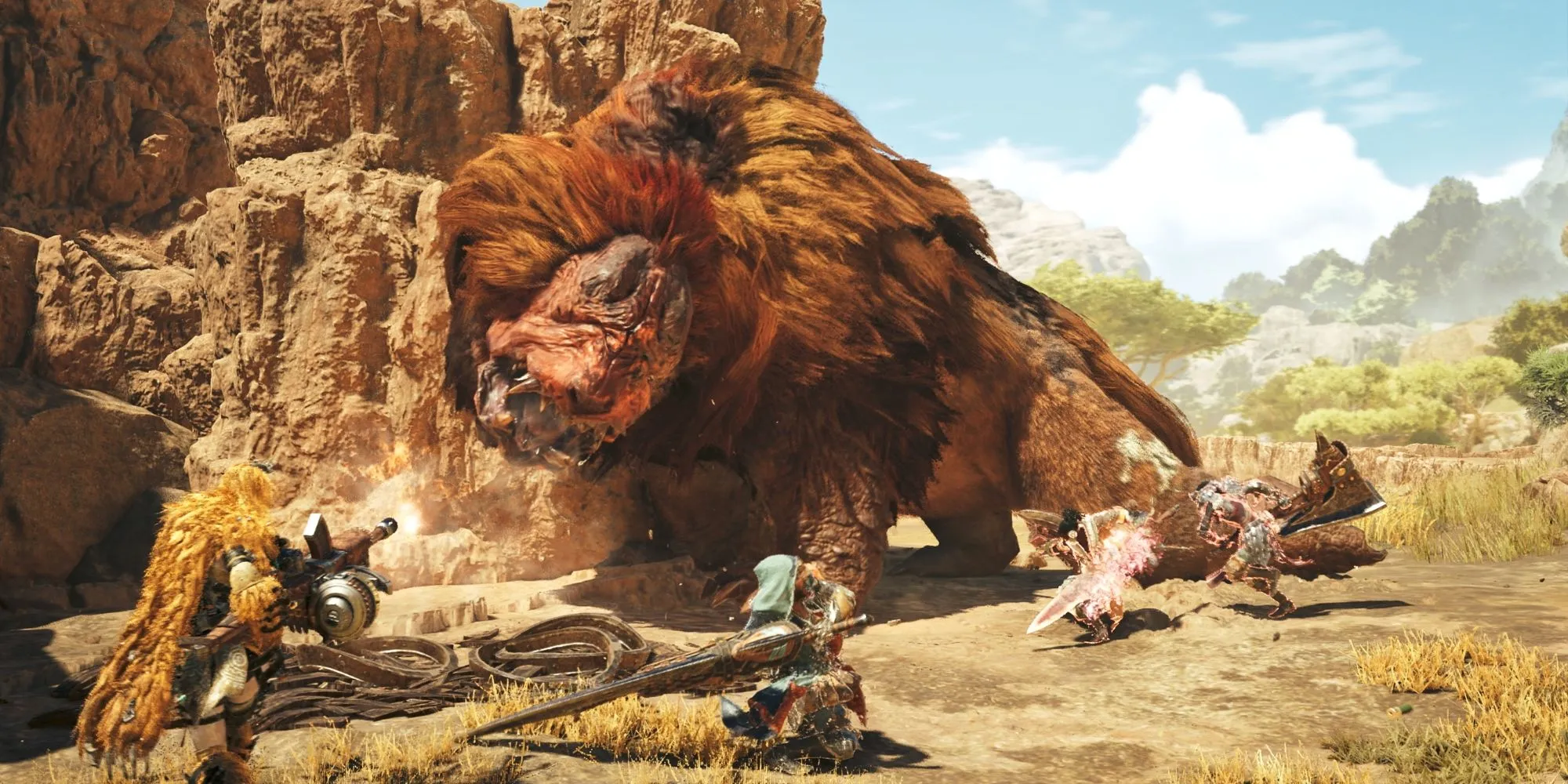 Một con quái vật lớn đối đầu với thợ săn trong Monster Hunter Wilds, minh họa cho những game được đánh giá cao nhất năm 2025