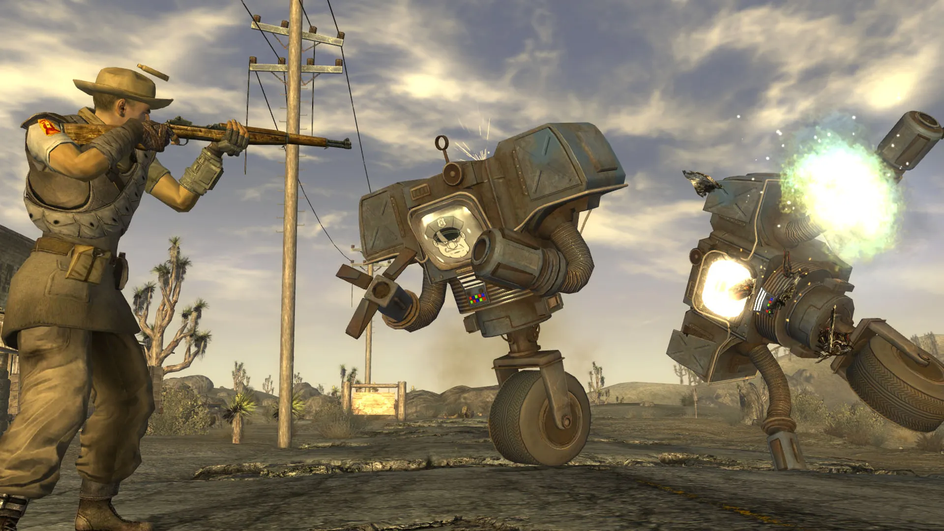 Người chơi chiến đấu chống lại Securitrons tại sòng bạc The Strip trong Fallout: New Vegas, thể hiện môi trường hậu tận thế đầy rẫy hiểm nguy và lựa chọn.