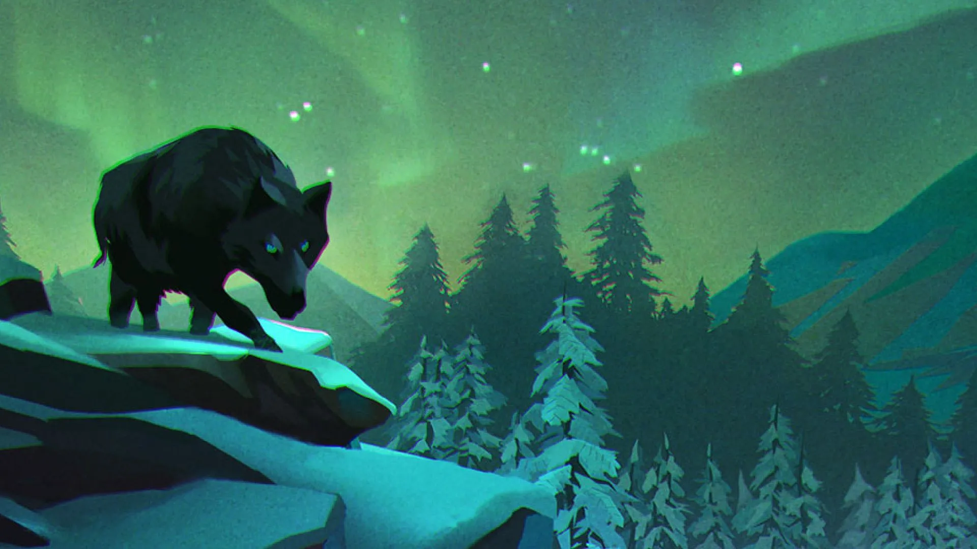 Người chơi đang đứng trong một khung cảnh tuyết trắng xóa vào ban đêm trong The Long Dark, dưới bầu trời rực rỡ bởi ánh cực quang màu xanh.