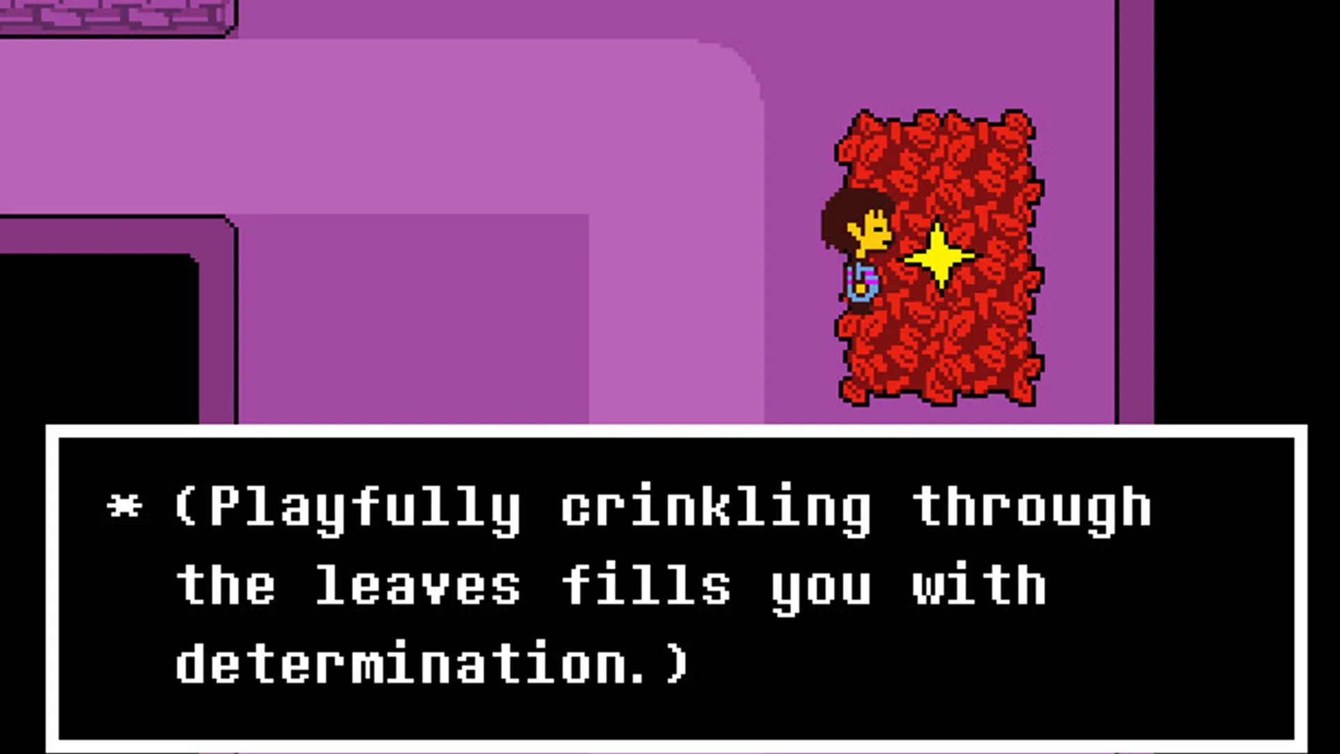 Nhân vật chính Undertale lưu game trong đống lá khô, một khoảnh khắc yên bình hiếm hoi giữa thế giới đầy quái vật và những lựa chọn khó khăn của game RPG indie.