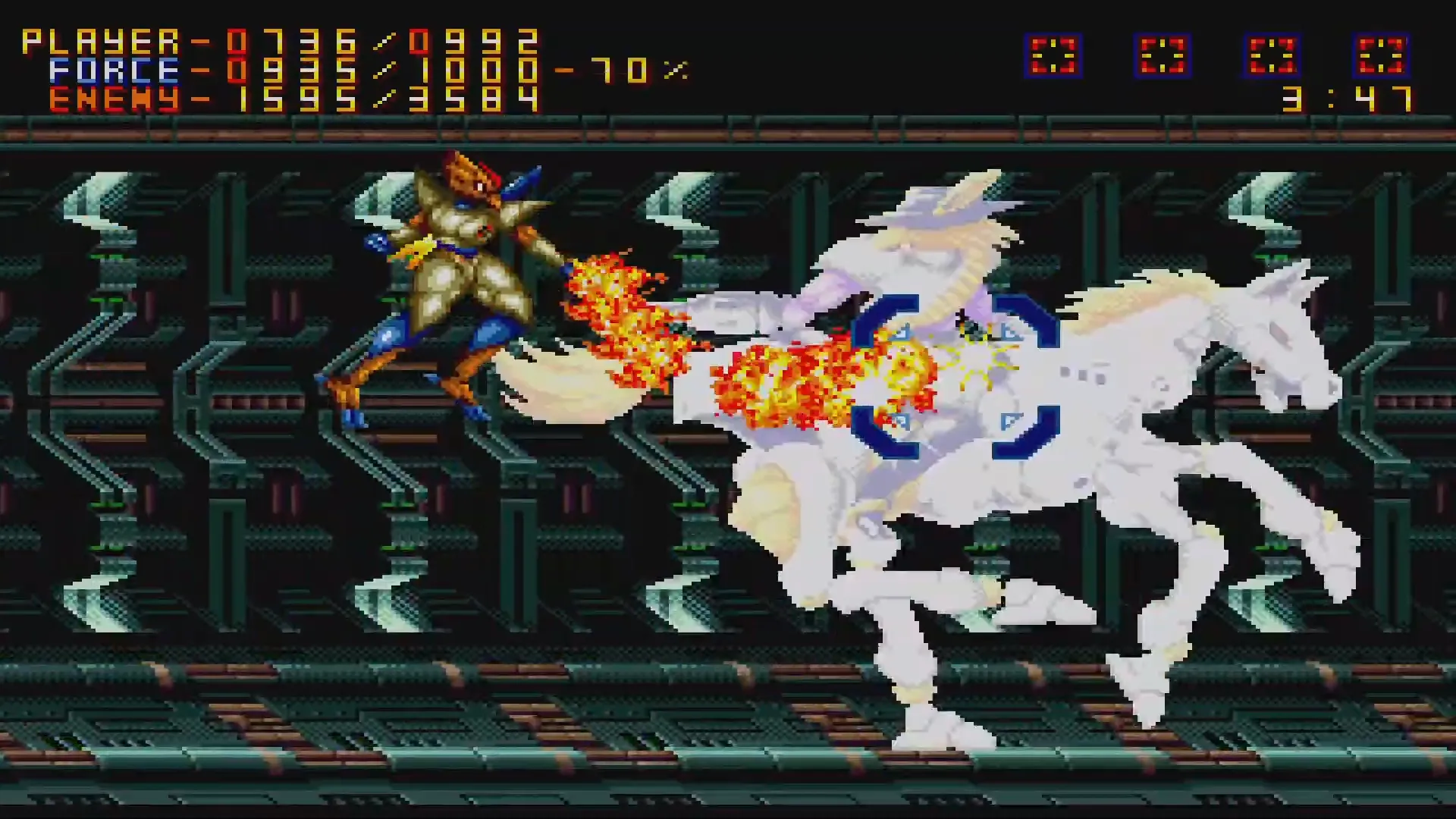 Nhân vật Epsilon Eagle chiến đấu với boss Wolfgunblood khổng lồ trong game Alien Soldier với phong cách đồ họa pixel art