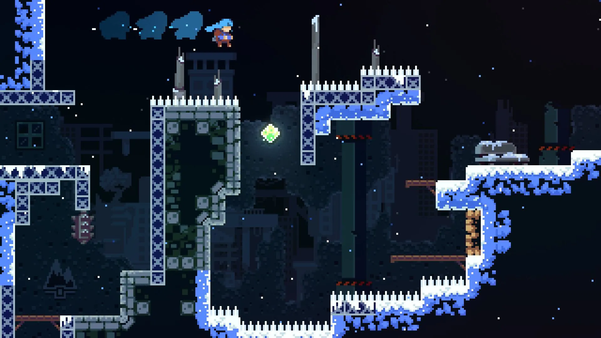 Nhân vật Madeline nhảy vượt qua chông gai nguy hiểm trong màn chơi Celeste với đồ họa pixel art rực rỡ