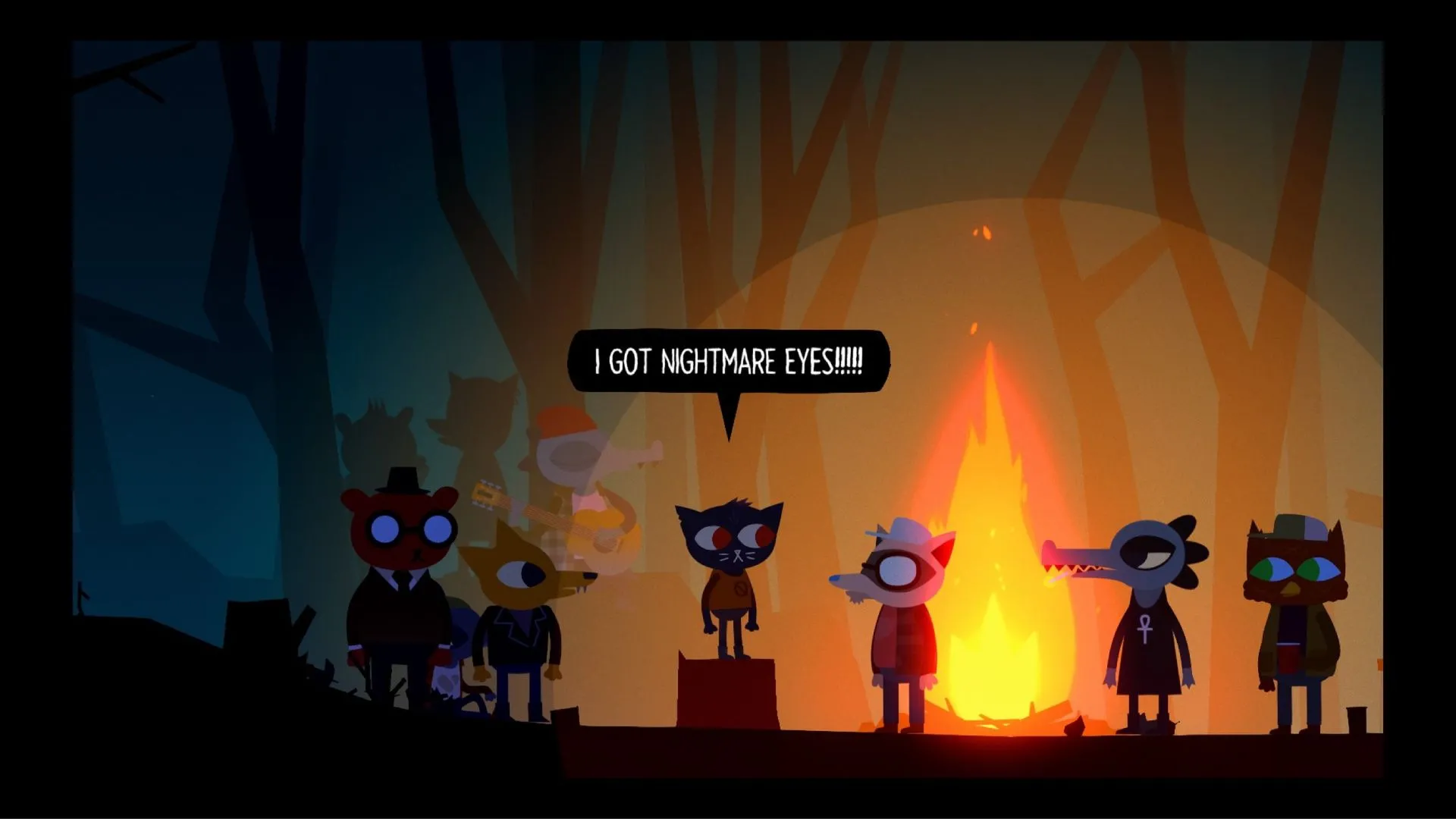 Nhân vật Mae và bạn bè của cô đứng trên vách đá nhìn ra thị trấn Possum Springs dưới ánh trăng trong Night in the Woods.