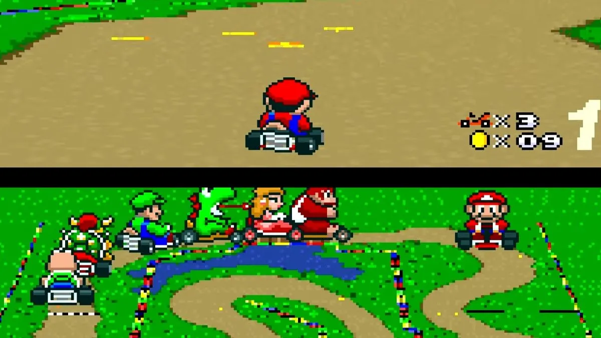 Pha đua kịch tính trên đường đua sử dụng công nghệ Mode 7 trong Super Mario Kart, đặt nền móng cho thể loại đua xe kart