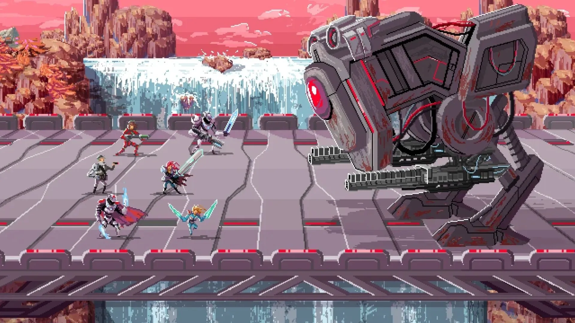 Phong cách pixel art đẹp mắt của Star Renegades với cảnh chiến đấu giữa các chiến binh và mecha