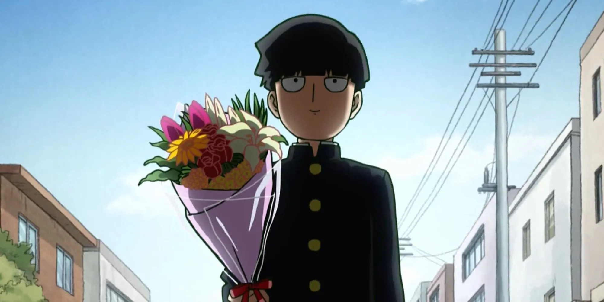 Shigeo Kageyama với bó hoa chuẩn bị tỏ tình Tsubomi trước tai nạn trong Mob Psycho 100 tập 10