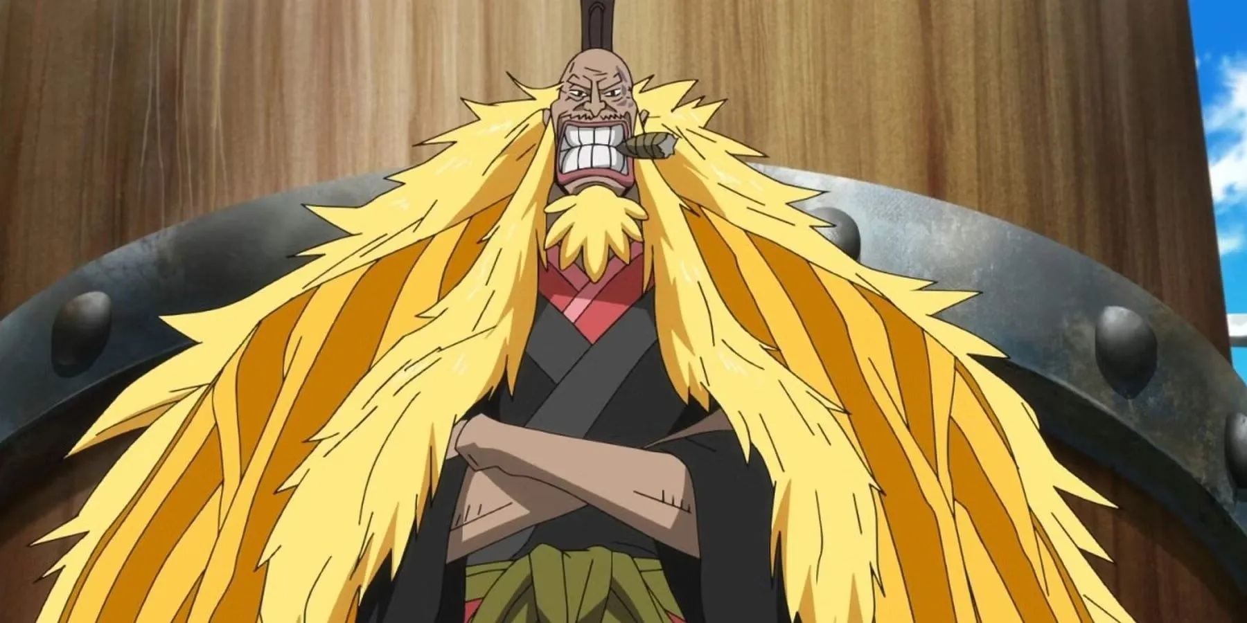 Shiki "Sư Tử Vàng" và Băng Hải Tặc Flying trôi nổi trên bầu trời One Piece