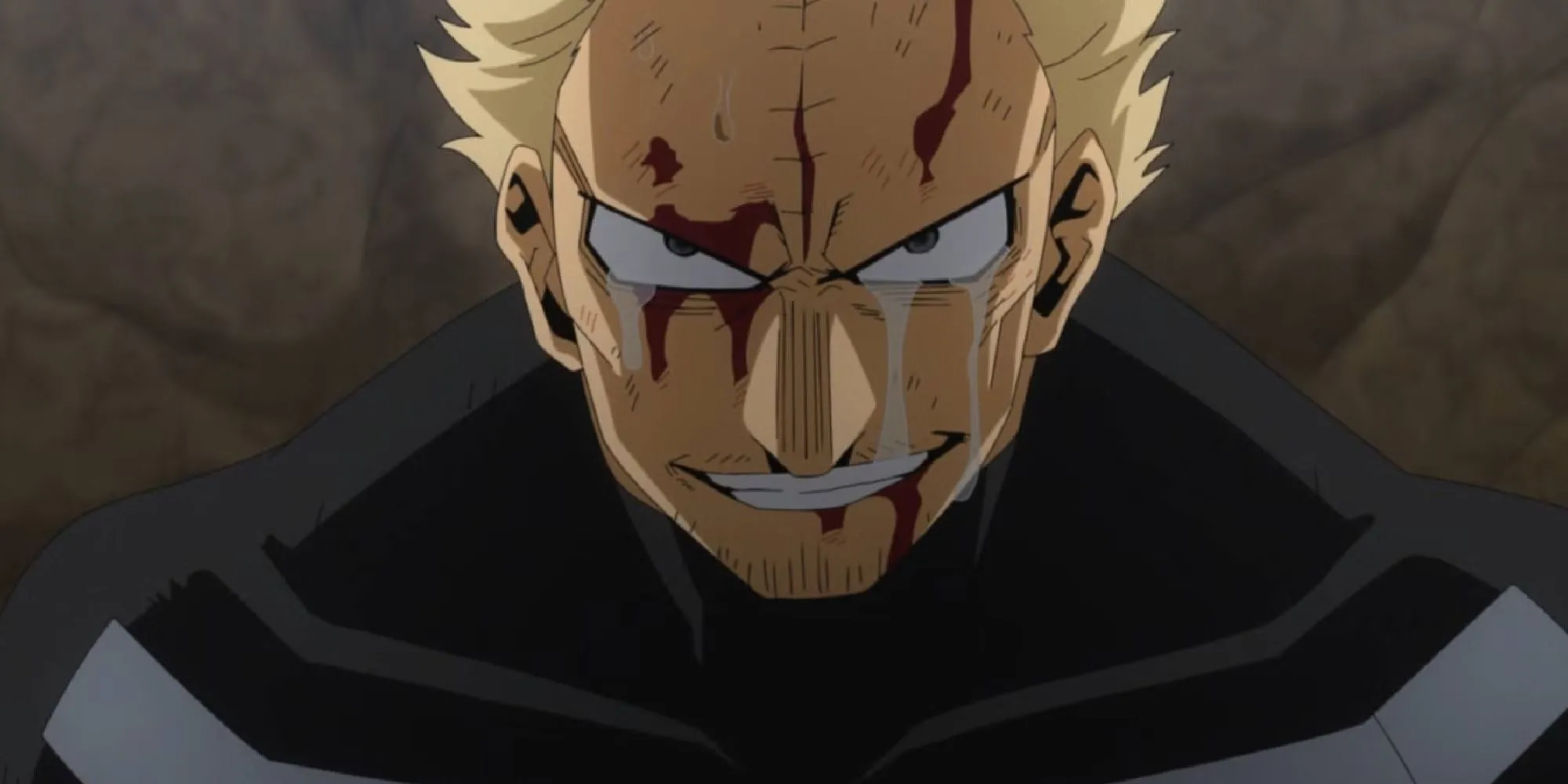 Twice trong My Hero Academia với chiếc mặt nạ vỡ, biểu cảm đau khổ.